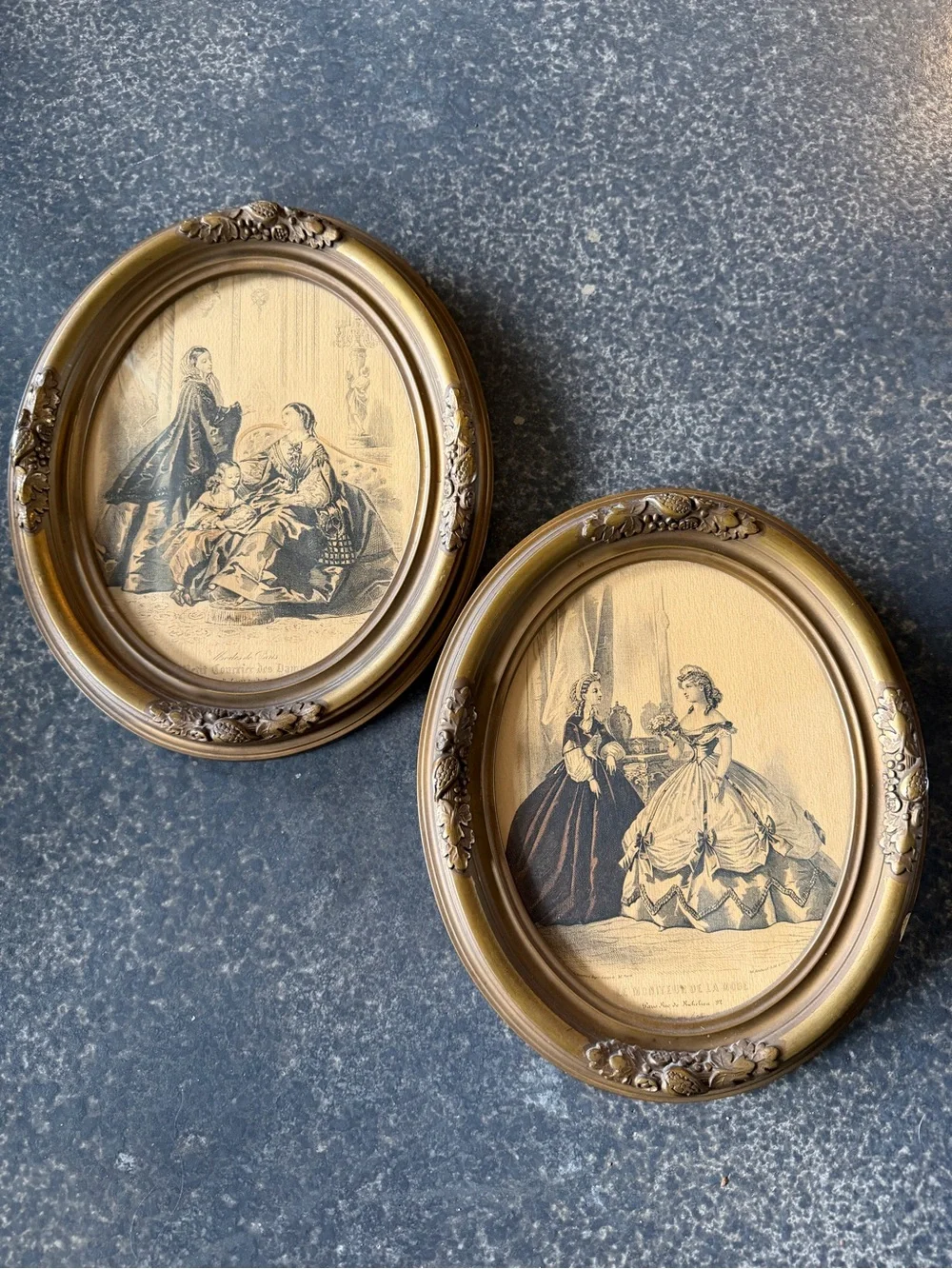 Antique Oval framed La Mode Illustree Ladies in Gowns Paris mid 1800's set 2